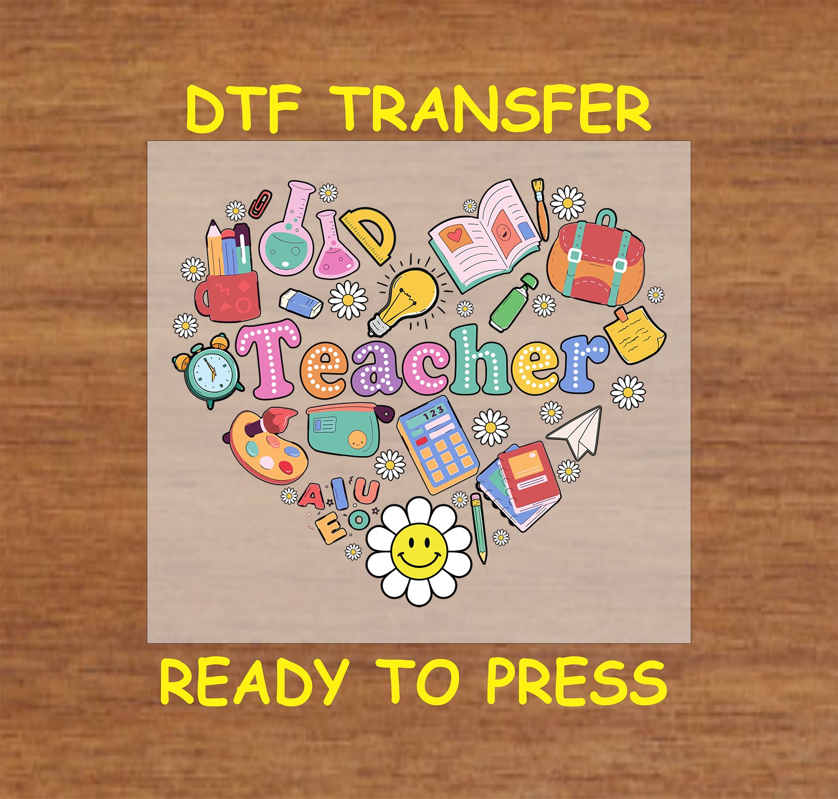 Heart-shaped DTF transfer with teacher icons like books, pencils, and flowers.