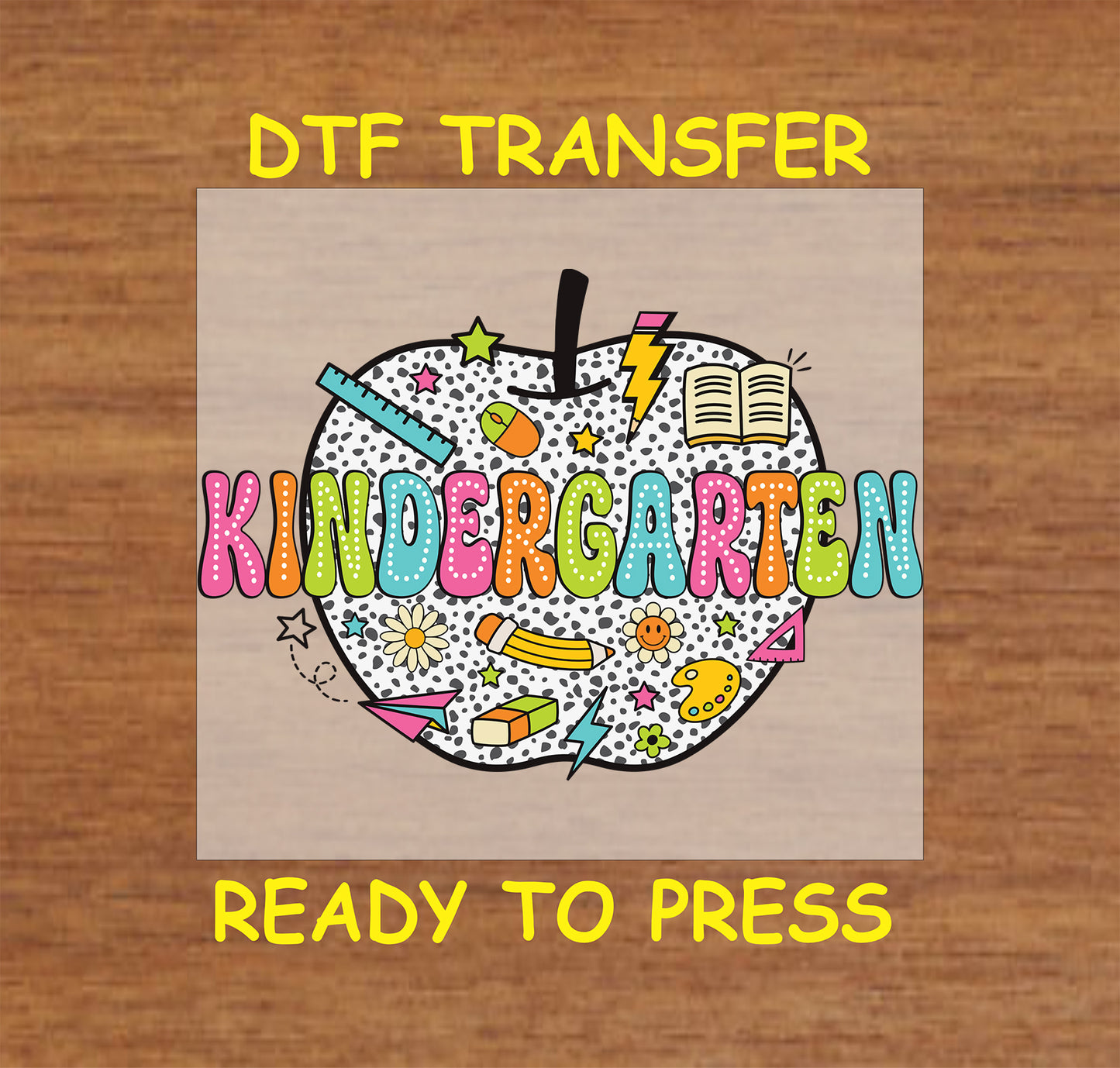 Kindergarten text in a polka dot apple with school doodles and bright colors.