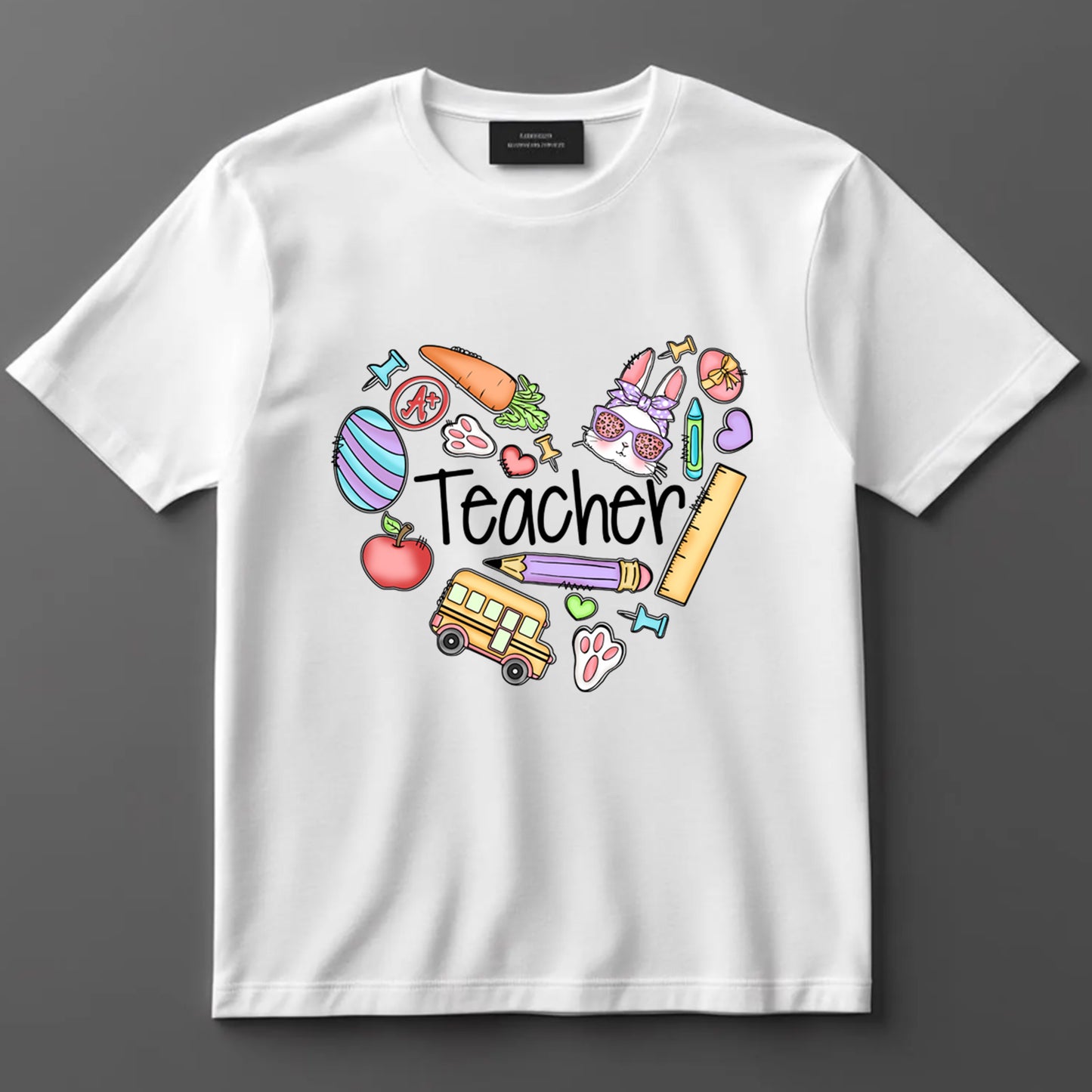 Teacher DTF Transfer Iron On Heat Transfer - Ready to Press, Easter Teacher Heart DTF Transfer 6906