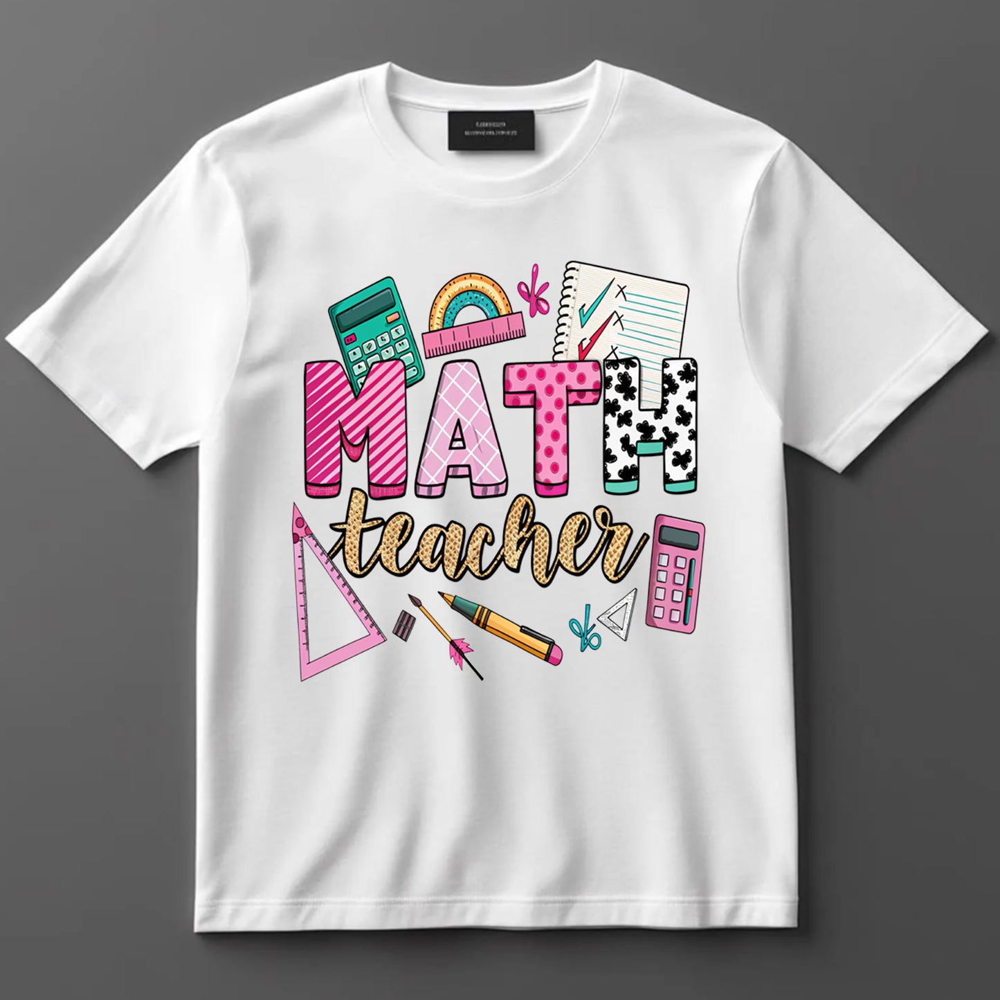 Teacher DTF Transfer Iron On Heat Transfer - Ready to Press, Colorful Math Teacher DTF Transfer 6908