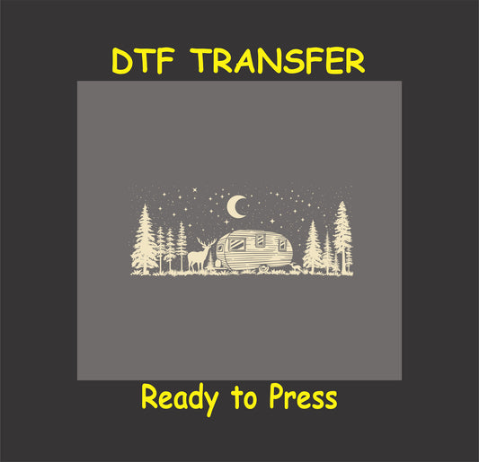 Camping DTF transfer with retro camper, deer, pine trees, and crescent moon under starry sky.
