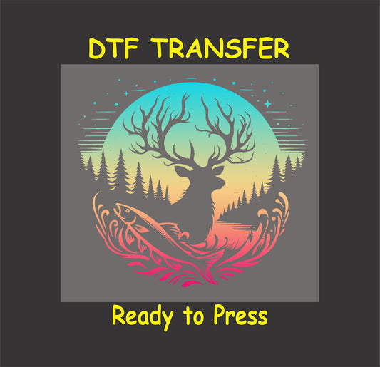 Colorful DTF transfer with deer silhouette, trout, pine trees, and sunset gradient background.
