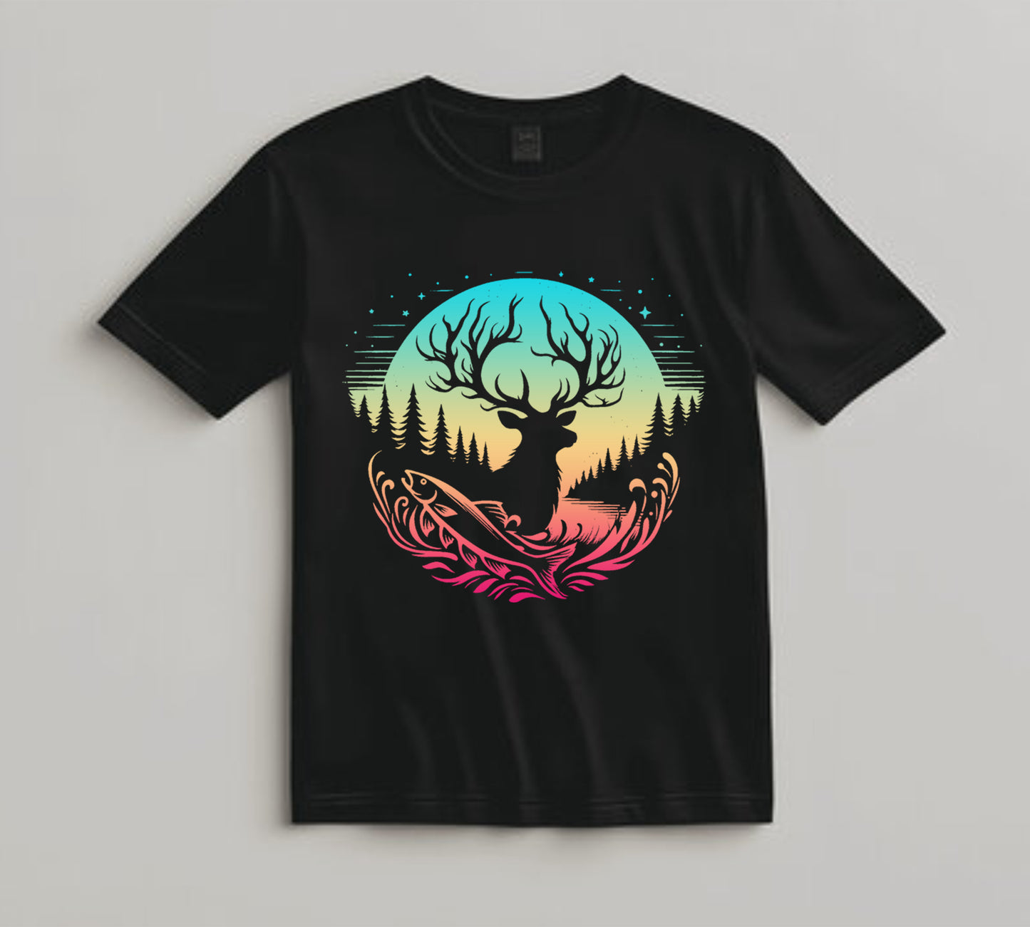 Camping DTF Transfer Iron On Heat Transfer - Ready to Press, Sunset Deer and Trout DTF transfer 6921
