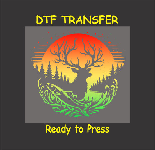 Camping DTF Transfer Iron On Heat Transfer - Ready to Press, Sunset Deer and Trout DTF transfer 6922