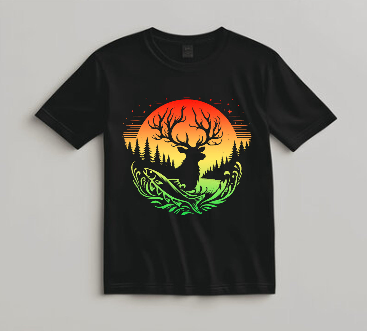 Camping DTF Transfer Iron On Heat Transfer - Ready to Press, Sunset Deer and Trout DTF transfer 6922