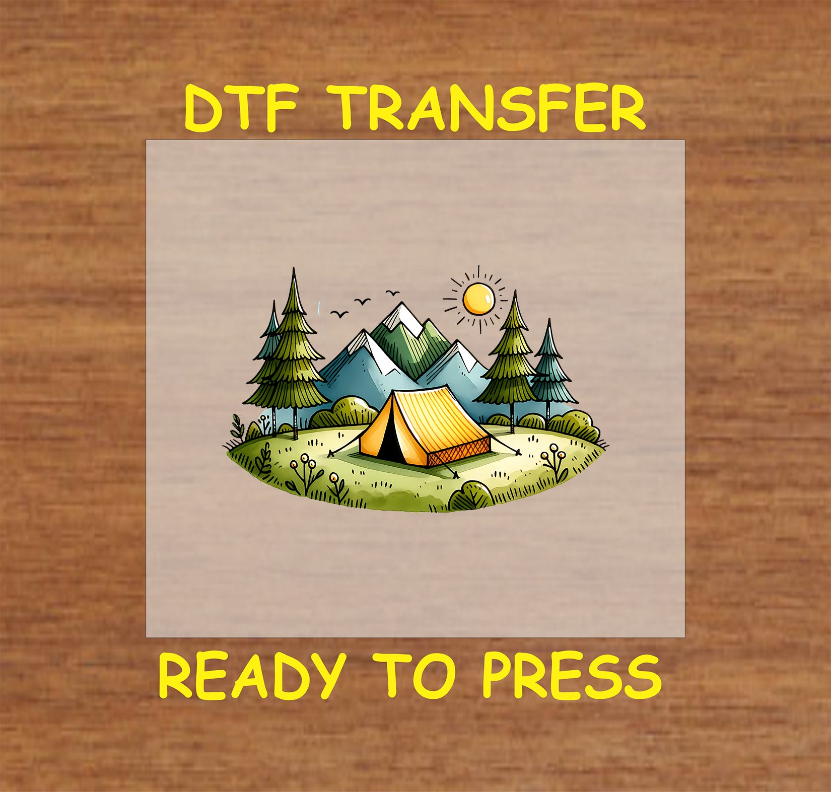 Tent camping DTF transfer with yellow tent, pine trees, mountains, and sunrise.