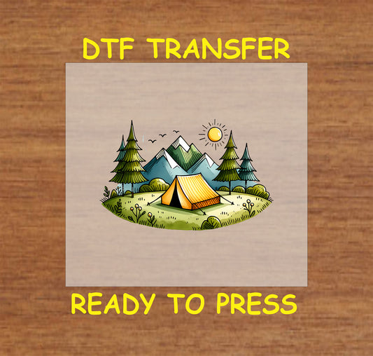 Tent camping DTF transfer with yellow tent, pine trees, mountains, and sunrise.