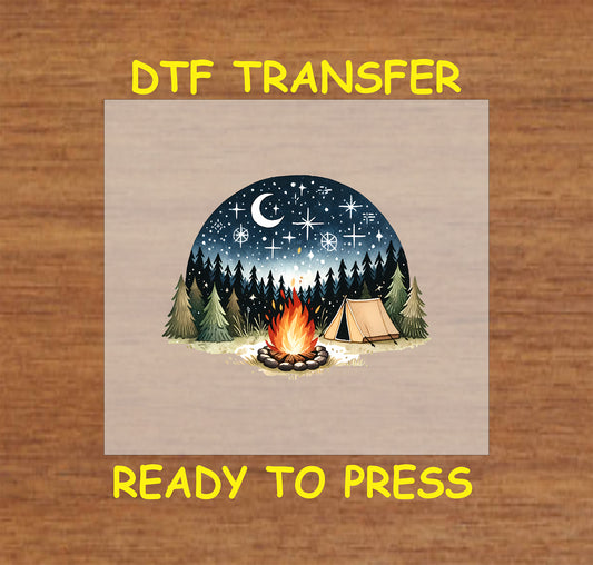 Night camping DTF transfer with tent, campfire, pine trees, crescent moon, and stars.