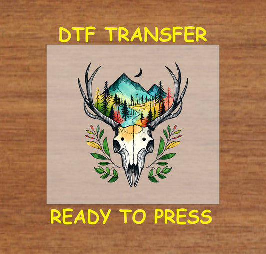 Camping DTF Transfer Iron On Heat Transfer - Ready to Press, Deer Skull DTF transfer 6925
