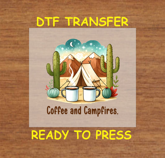 Coffee and campfires DTF transfer with tent, cactus, coffee mugs, desert mountains, and stars.