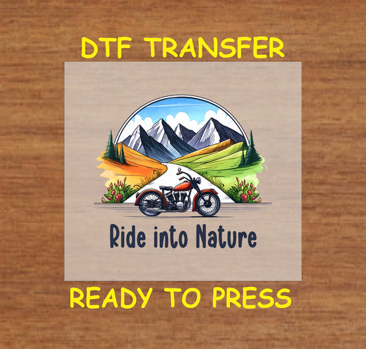 Ride Into Nature DTF transfer with motorcycle, mountain road, wildflowers, and trees.