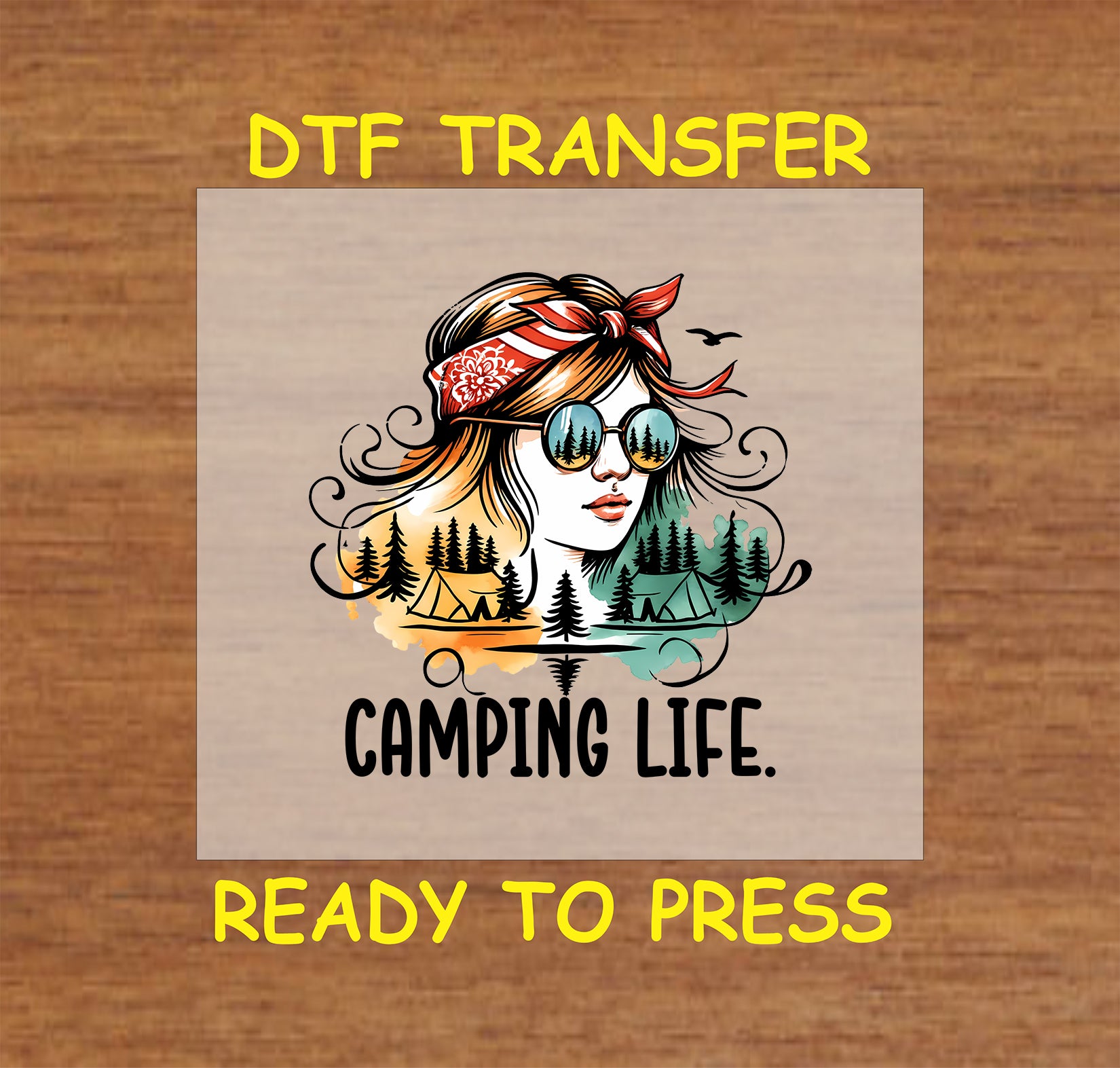 Camping Life DTF transfer with retro girl, sunglasses reflecting tents and pine trees.