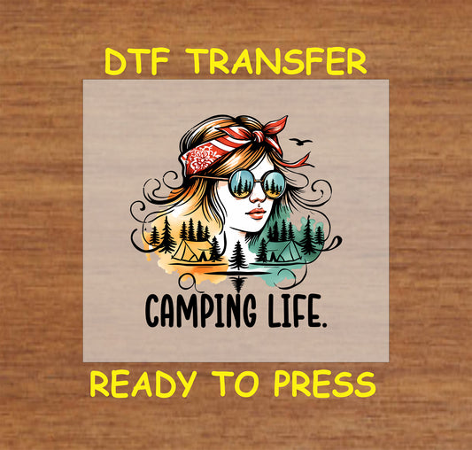 Camping Life DTF transfer with retro girl, sunglasses reflecting tents and pine trees.