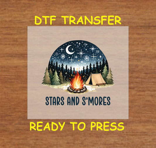 Stars and S’mores DTF transfer with campfire, tent, pine trees, and star-filled sky.
