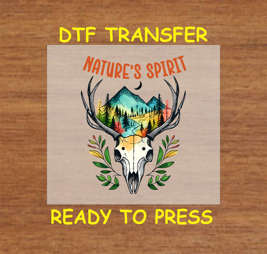 Nature’s Spirit DTF transfer with deer skull, antlers, mountain trail, and pine trees.
