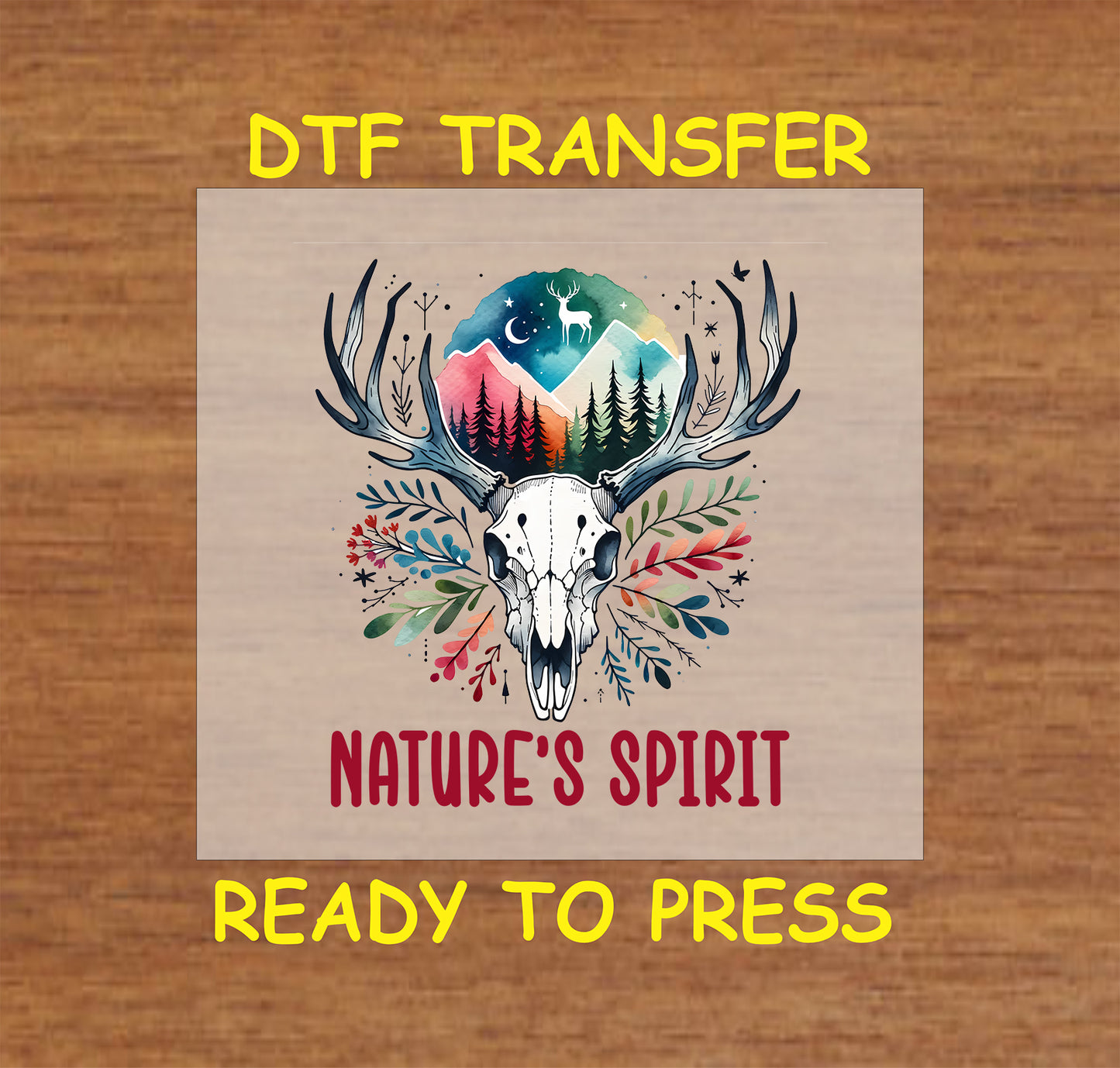 Nature's Spirit featuring an animal skull with mountains, trees, and foliage, ready for DTF transfer.