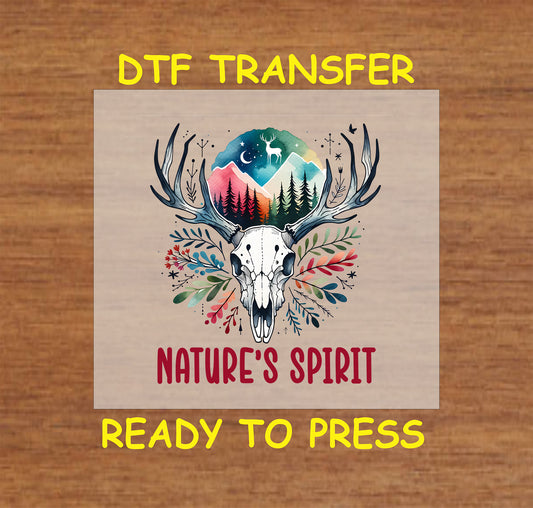 Nature's Spirit featuring an animal skull with mountains, trees, and foliage, ready for DTF transfer.