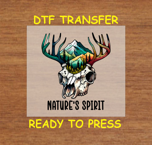 Skull with rainbow-colored antlers forming mountains and trees, ready-to-press DTF transfer.