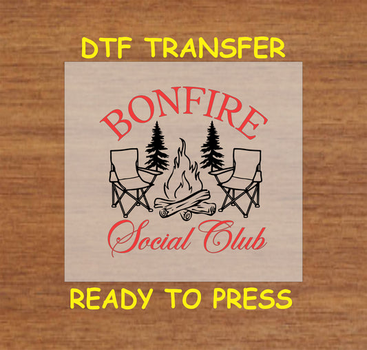 Campfire scene with chairs, trees, and Bonfire Social Club text, ready-to-press DTF transfer.