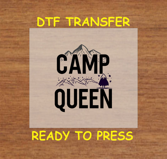 Camp Queen text with mountain, stars, and tree graphic, ready-to-press DTF transfer.