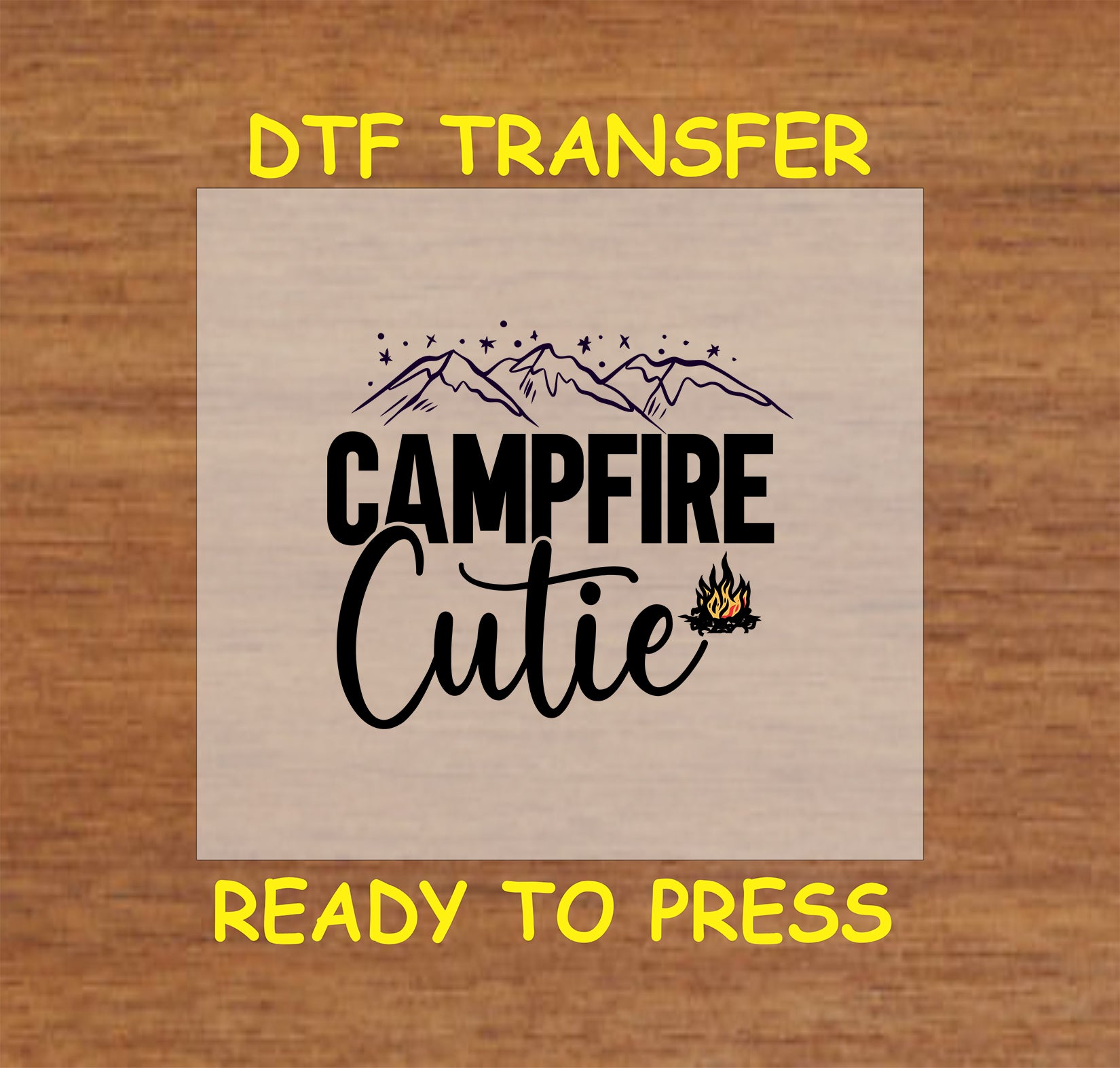 Campfire Cutie text with stars, mountains, and small campfire, ready-to-press DTF transfer.