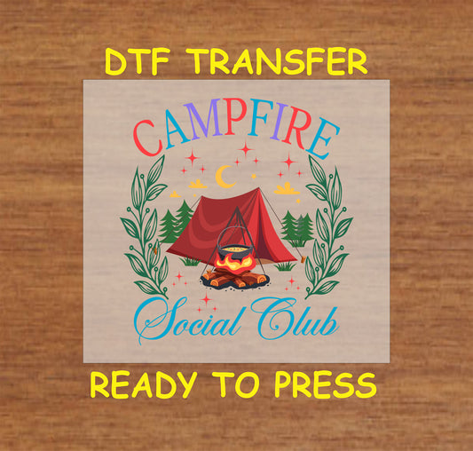 Tent and fire scene with trees, stars, and Campfire Social Club text in rainbow colors, ready-to-press DTF transfer.