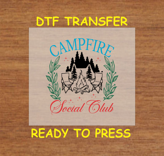 Campfire Social Club with chairs, fire, trees, and colorful text, ready-to-press DTF transfer.