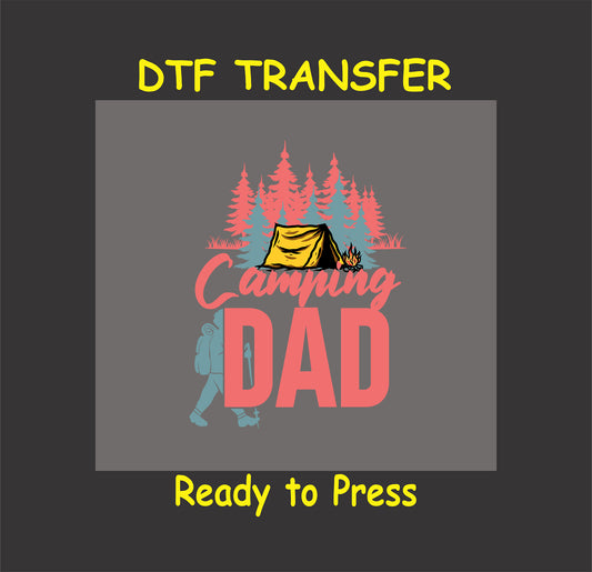 Camping Dad with tent, campfire, trees, and hiker silhouette, ready-to-press DTF transfer.