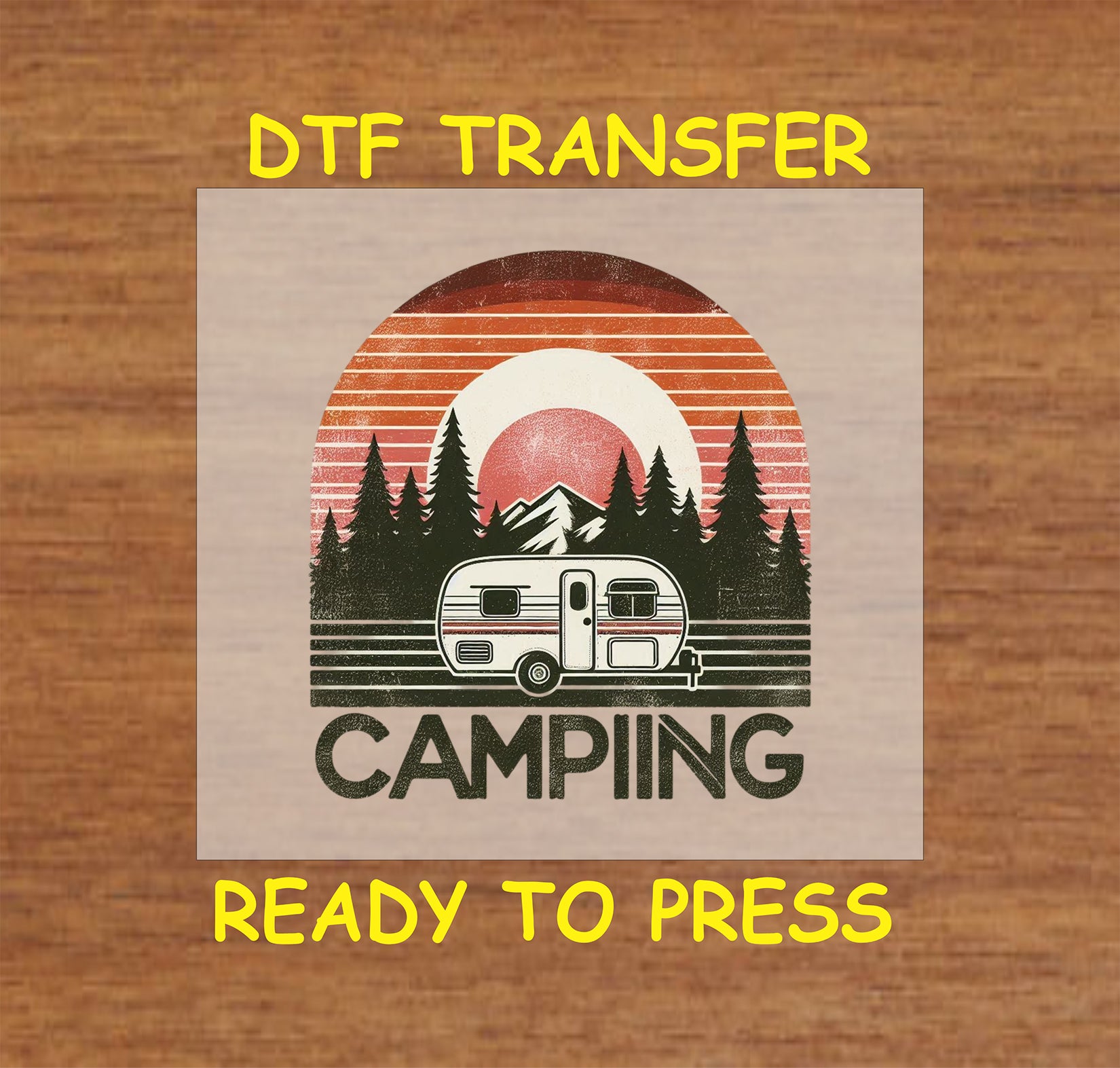 Retro camper in forest with mountain and sunset background and Camping text, ready-to-press DTF transfer.