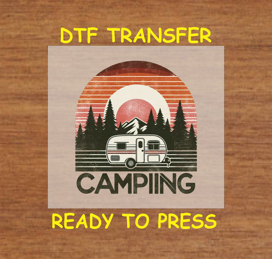 Retro camper in forest with mountain and sunset background and Camping text, ready-to-press DTF transfer.