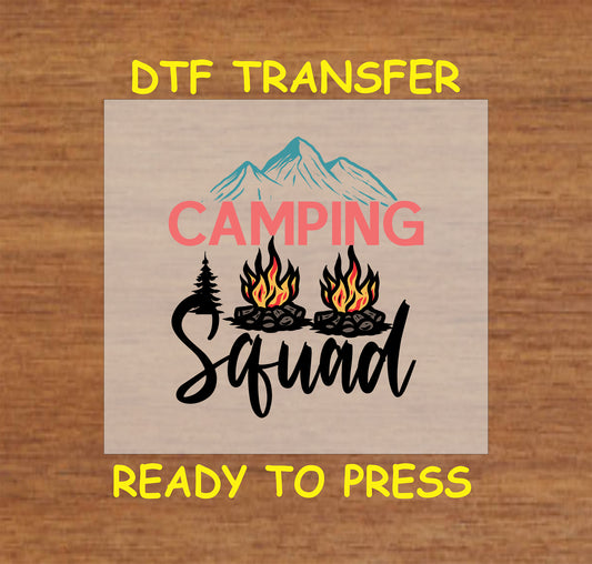 Camping Squad with fire pits, pine tree, and mountains, ready-to-press DTF transfer.