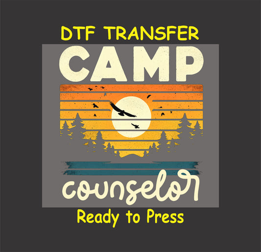 Camp Counselor with forest, sunset, birds, and vintage stripes, ready-to-press DTF transfer.
