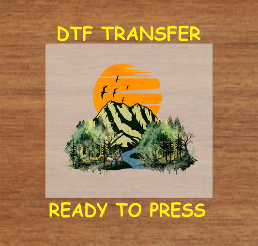 Mountain scene with trees, river, orange sunset, and birds, ready-to-press DTF transfer.