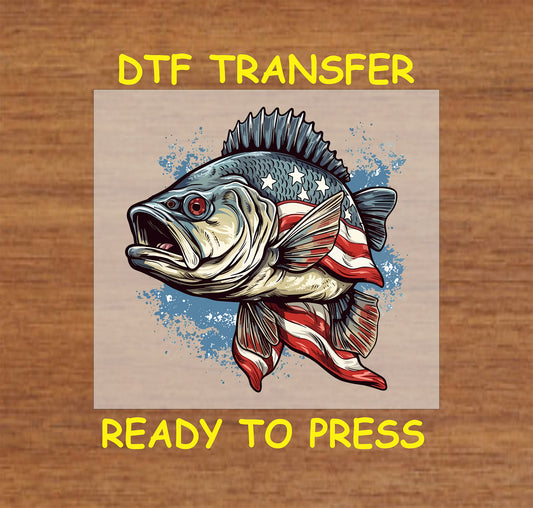 Patriotic bass with American flag fins and stars, ready-to-press DTF transfer.