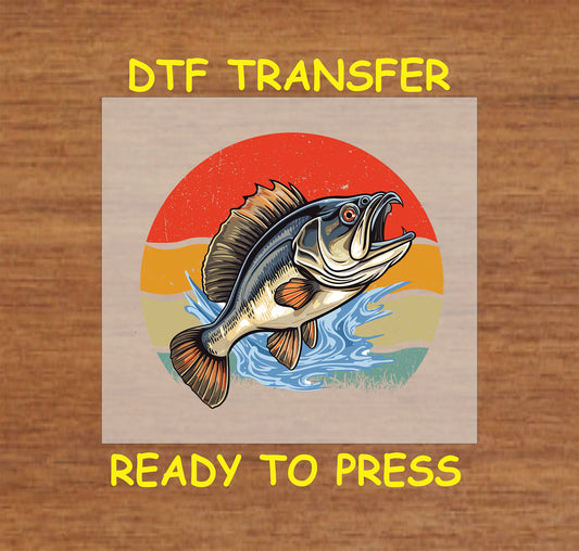 Jumping bass fish with splash and retro sunset, ready-to-press DTF transfer.