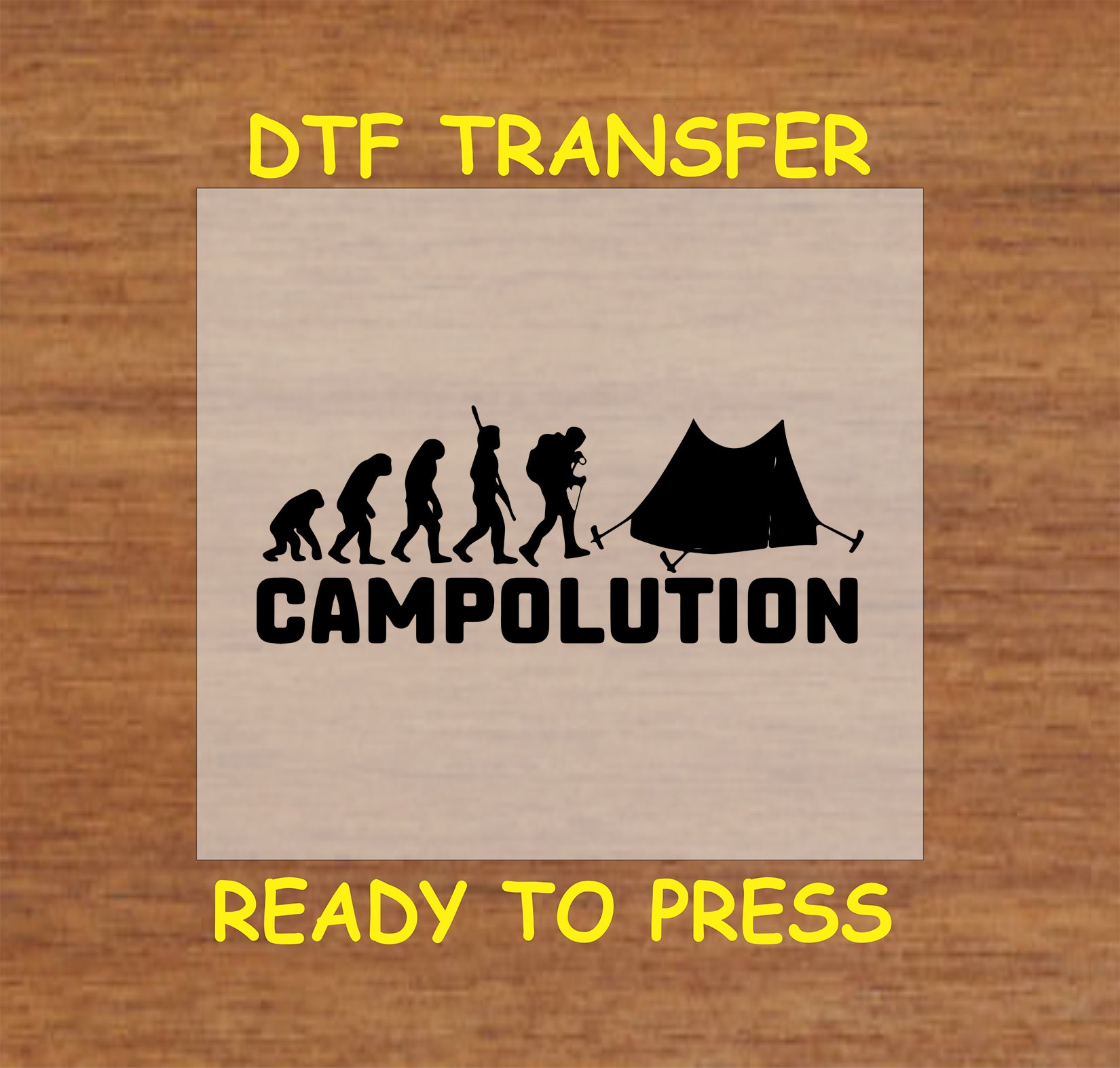 Campolution showing evolution from ape to camper setting up a tent, ready-to-press DTF transfer.