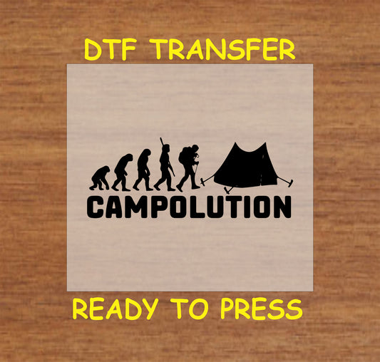Campolution showing evolution from ape to camper setting up a tent, ready-to-press DTF transfer.