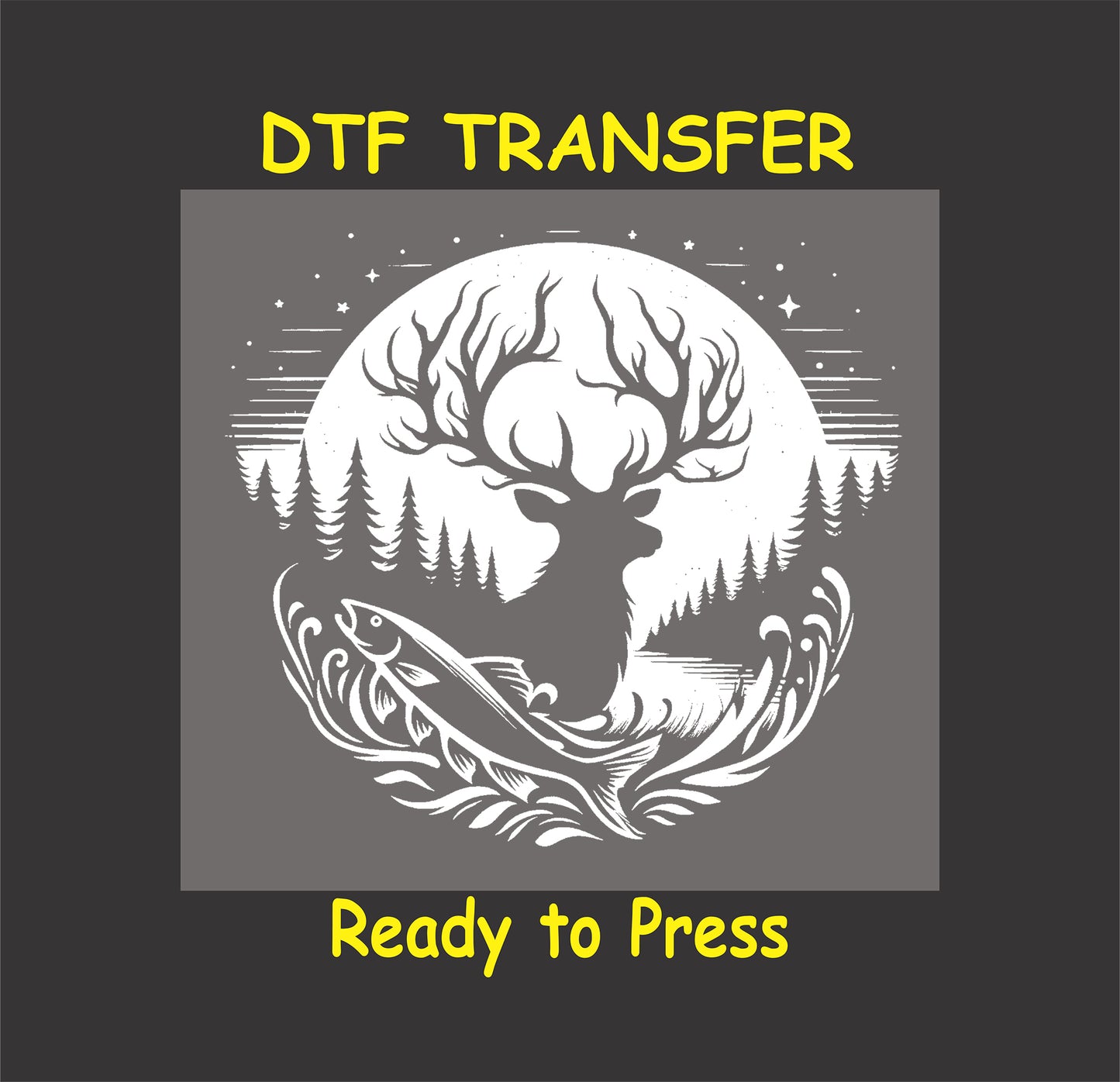 Deer silhouette with fish and forest in full moon DTF transfer in grayscale.