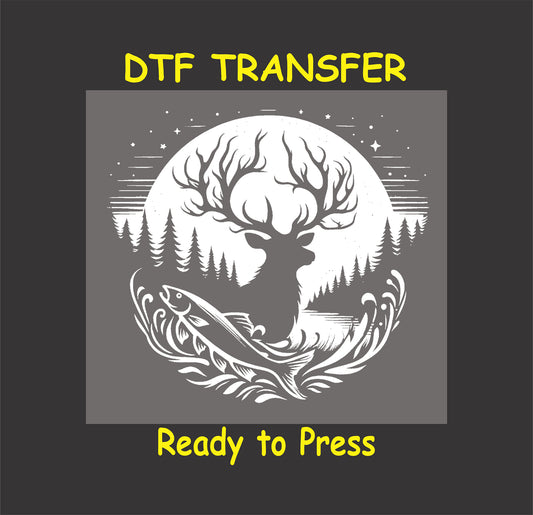 Deer silhouette with fish and forest in full moon DTF transfer in grayscale.