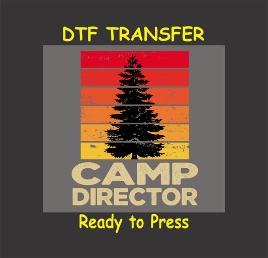 Camp Director DTF transfer with pine tree and retro sunset stripe background.