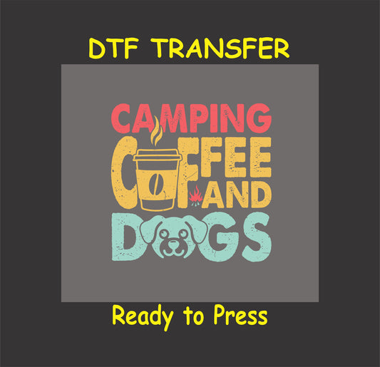 Camping Coffee and Dogs DTF transfer with coffee cup, campfire, and dog face
