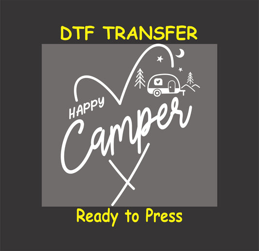White Happy Camper DTF transfer with RV, trees, moon, and heart shape.