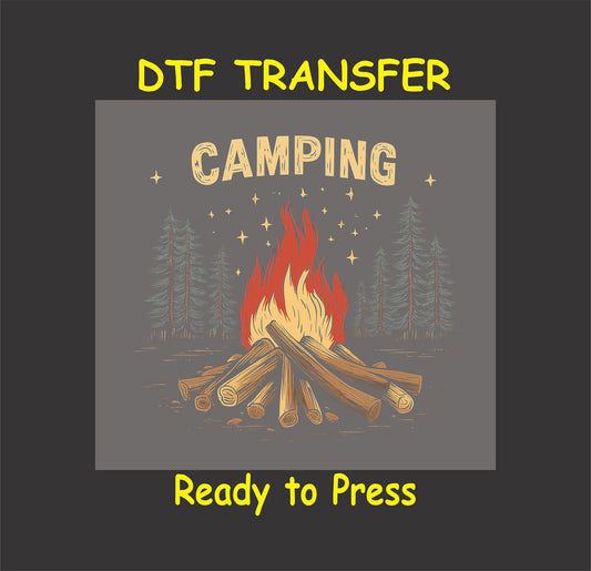 Camping DTF transfer with campfire, logs, pine trees, and stars.