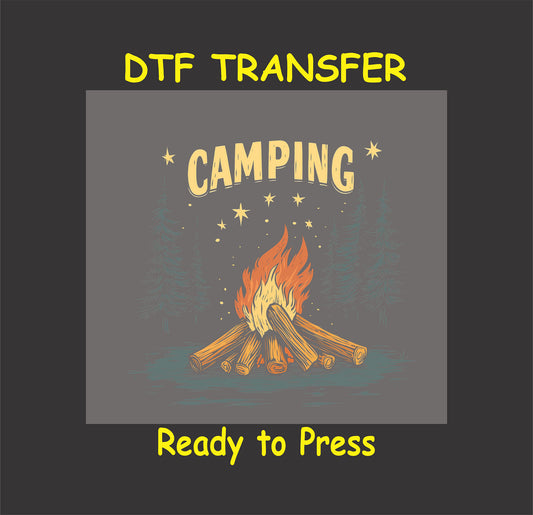 Camping DTF transfer with fire, logs, pine trees, and stars.