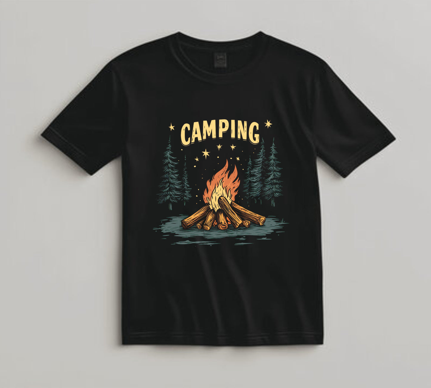 Camping DTF Transfer Iron On Heat Transfer - Ready to Press, Campfire and Pine Trees DTF transfer 6995