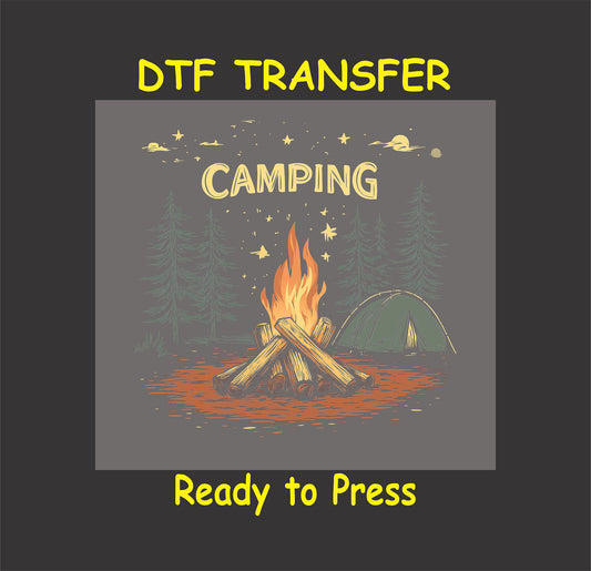 Camping DTF transfer with tent, campfire, pine trees, and stars