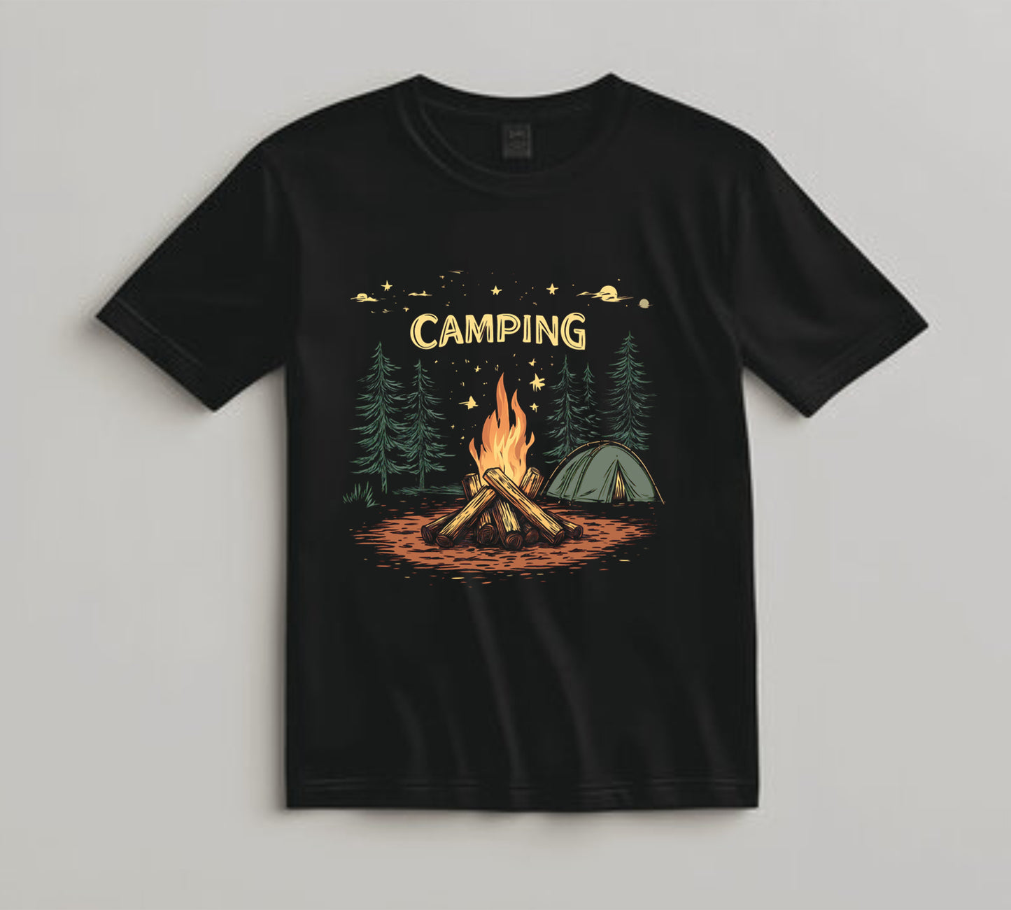 Camping DTF Transfer Iron On Heat Transfer - Ready to Press, Campfire and Pine Trees DTF transfer 6996