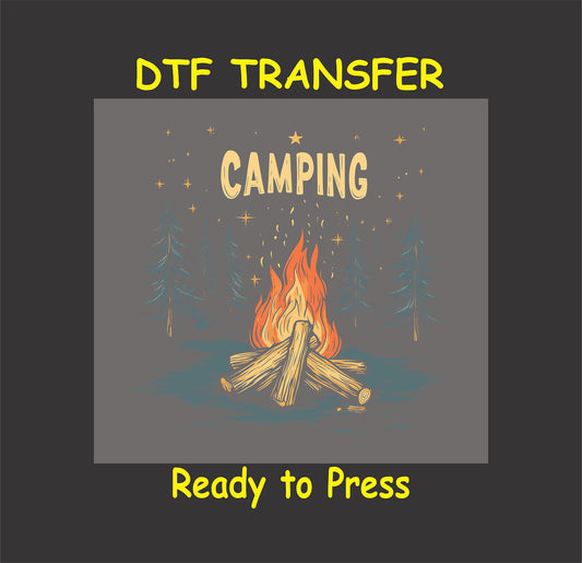 Camping DTF transfer with fire, pine trees, and star-filled night sky.