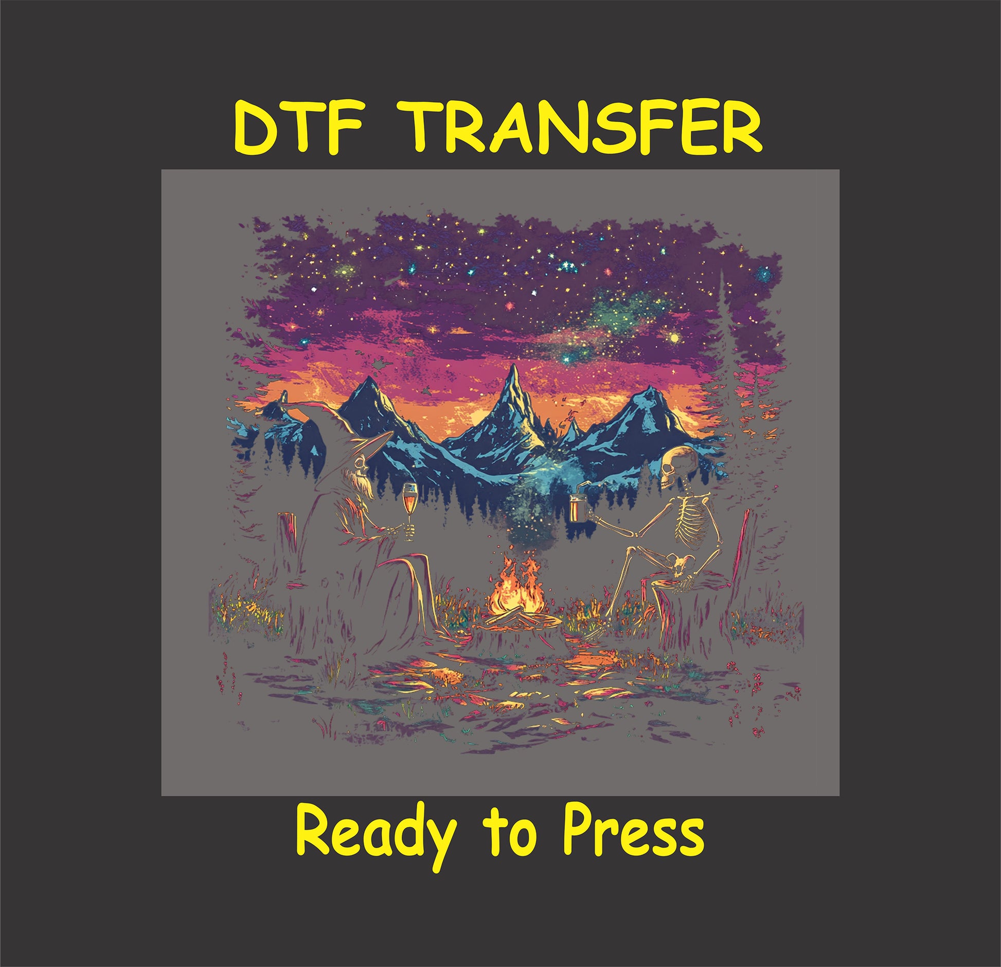 DTF transfer with skeletons by campfire, mountain background, and galaxy night sky.