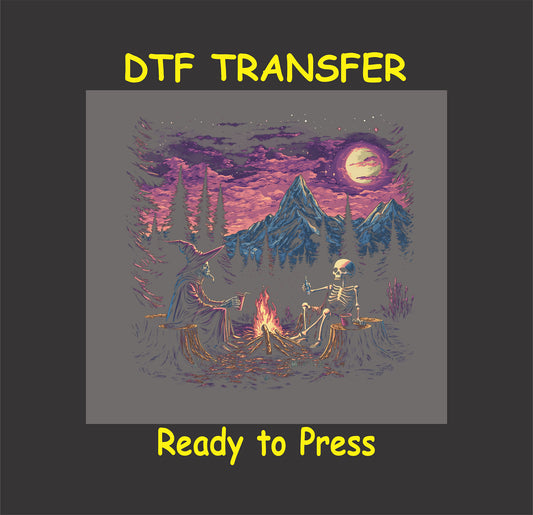 DTF transfer with witch and skeleton by fire, moon and mountain background.